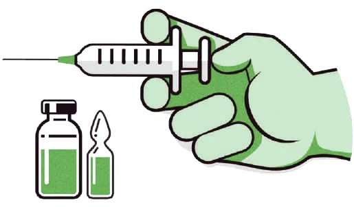 Illustration: a gloved hand holding a syringe beside vials