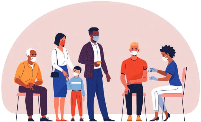 Illustration: a family waiting in line for vaccination
