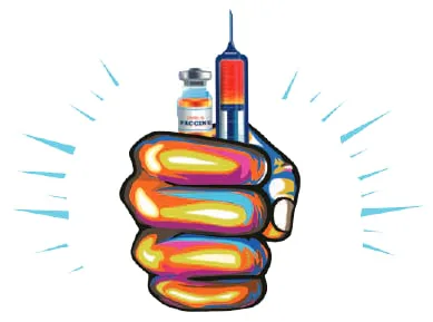 Illustration: a raised fist holding a syringe