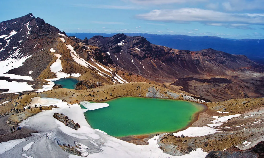 Emerald crater lakes in a volcanic landscape