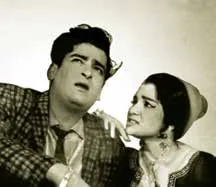 A black-and-white film still of a man and a woman
