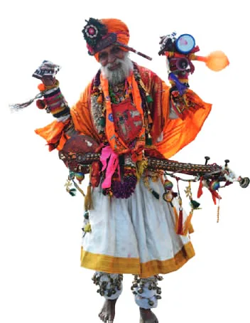 A performer in an orange costume and headdress