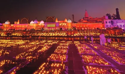 Lamps lit along the ghats at night