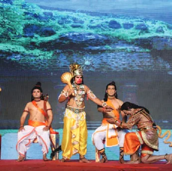 Performers in costume in a Ramleela scene