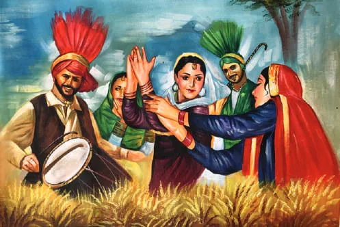 Illustration: dancers celebrating the harvest in a wheat field