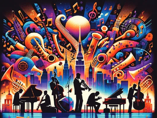 Illustration: jazz musicians playing in a burst of colour