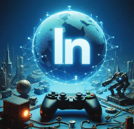 A glowing LinkedIn logo above a game controller