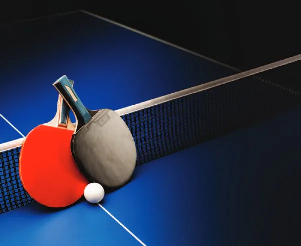 A table tennis bat and ball on a table