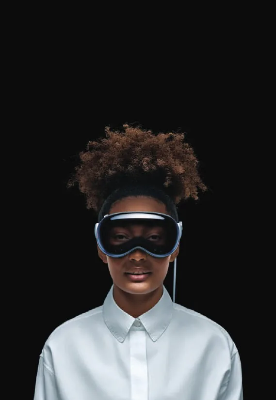 A woman wearing a mixed-reality headset