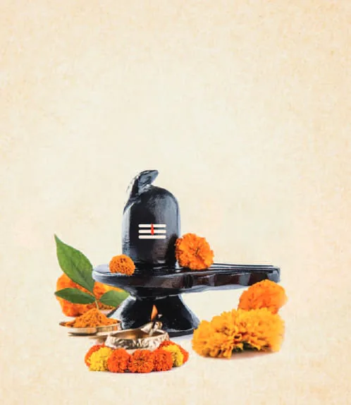 A Shiva lingam decorated with marigolds