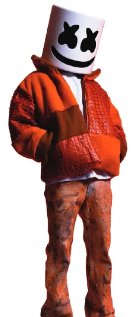 DJ Marshmello in his white helmet and an orange jacket