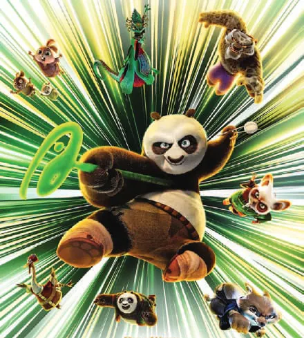 Po from Kung Fu Panda 4 leaping in a burst of green