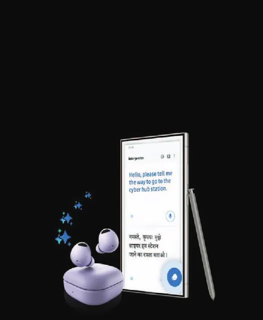 A smartphone and earbuds with AI features