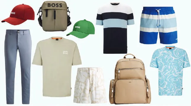 Summer clothes and accessories laid out: caps, shirts, shorts and a backpack