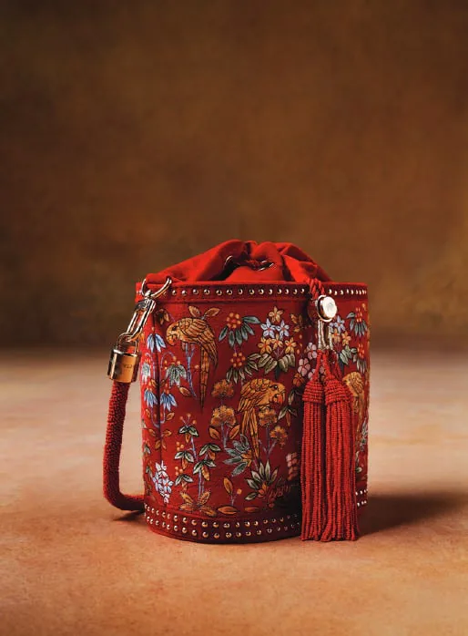 An embroidered red potli bag