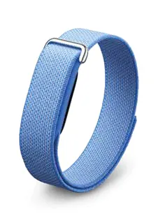 A fitness tracker with a blue woven band