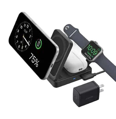 A foldable wireless charging station charging a phone and watch