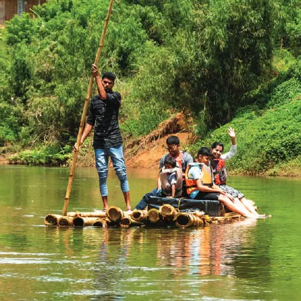 Bamboo rafting on a forest lake
