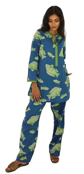 A model in a blue and green printed co-ord set