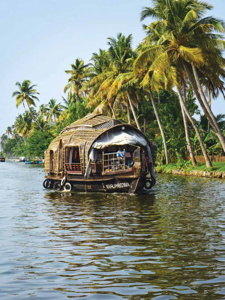 A thatched houseboat on a backwater lined with coconut palms