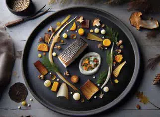 A fish dish plated with vegetables on a dark plate