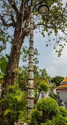 A tall tree beside a decorated temple pillar