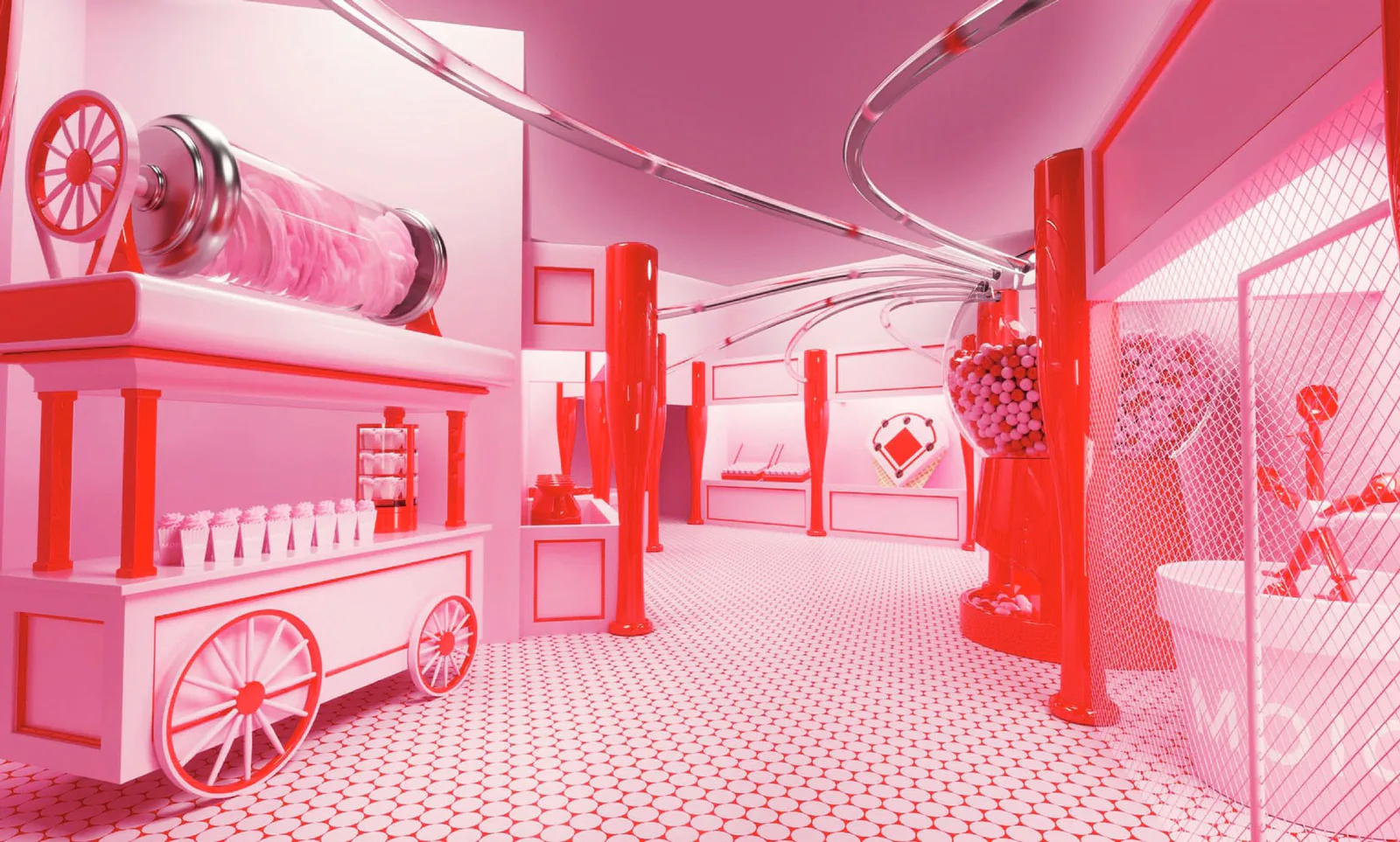 A pink room with a vintage ice cream cart