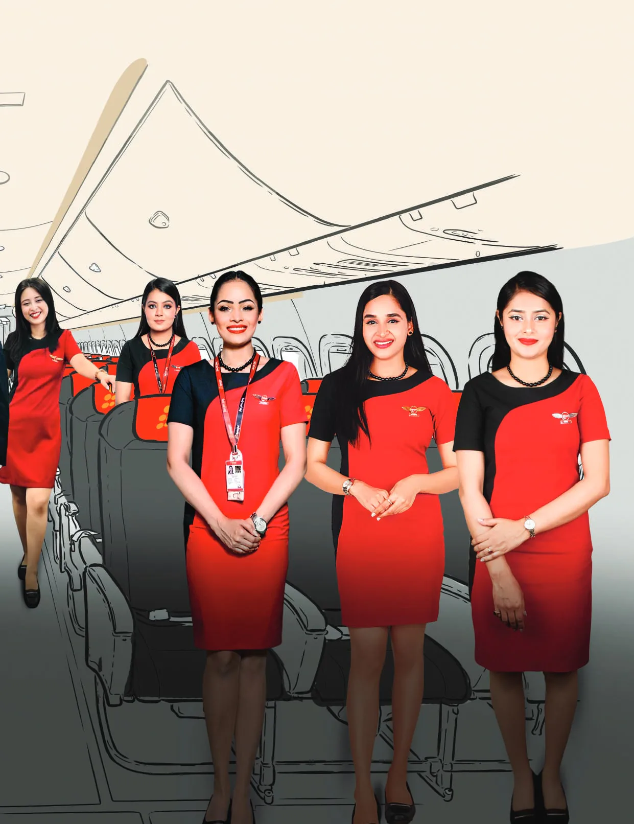 SpiceJet cabin crew in red uniforms posing in an aircraft cabin