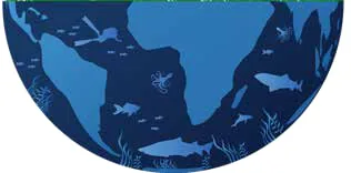 Illustration: an underwater scene inside a half globe