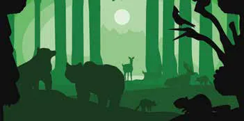 Illustration: animals silhouetted in a green forest
