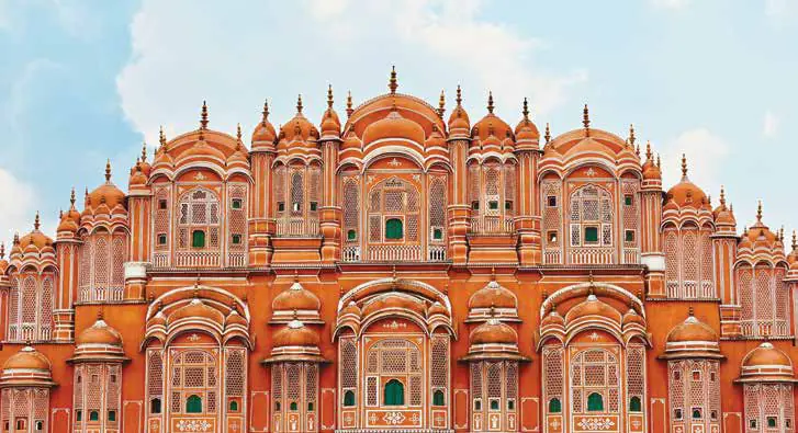 The pink honeycomb façade of Hawa Mahal