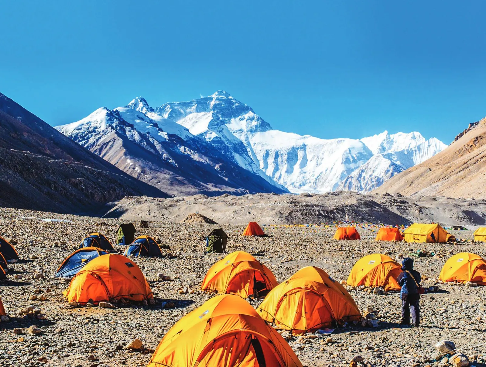 Orange tents at a mountain base camp below snowy peaks