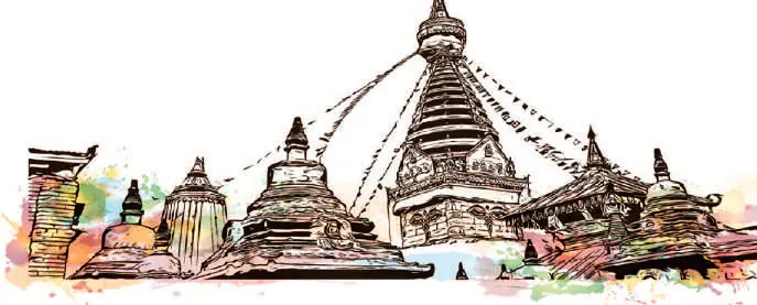 Illustration: a sketched panorama of a stupa and temples