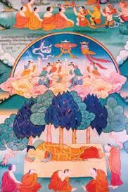 A colourful mural painting depicting the life of the Buddha