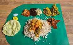 A South Indian meal of rice and curries served on a banana leaf