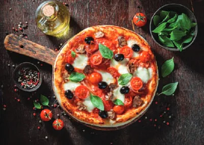 A wood-fired pizza on a board