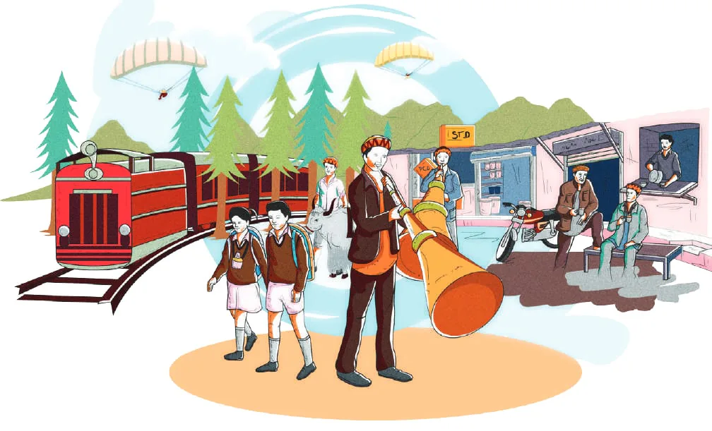 Illustration: a toy train, a monk and travellers in the hills