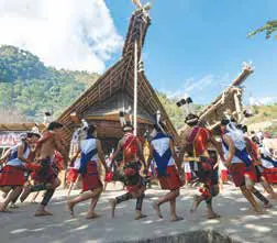 Dancers in traditional dress performing before a tall thatched house