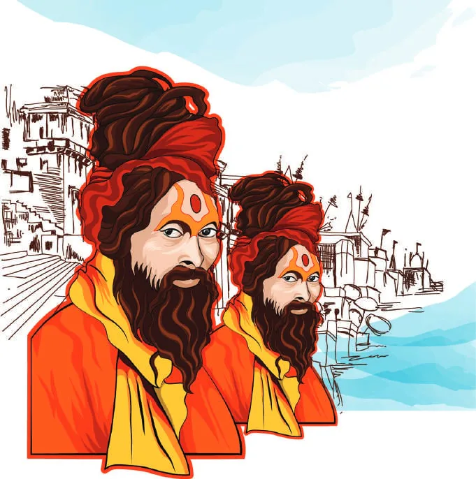 Illustration: sadhus in saffron turbans