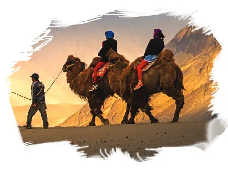 Riders on double-humped camels on sand dunes