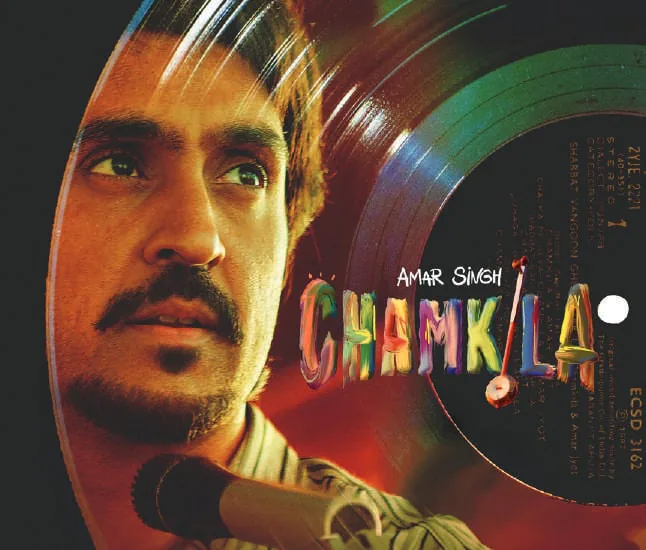 Diljit Dosanjh as Chamkila with a vinyl record behind him