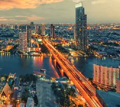 Bangkok’s skyline and river at dusk