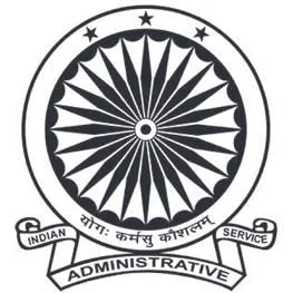 The emblem of the Indian Administrative Service, a wheel above a ribbon with its name