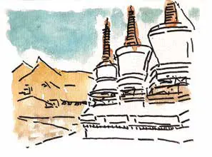 Watercolour sketch of white stupas before mountains