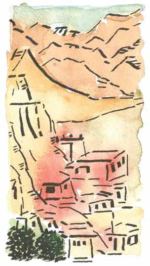 Watercolour sketch of traditional houses on a hillside