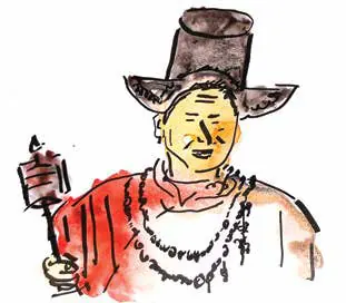 Watercolour sketch of a woman in a traditional Ladakhi hat holding a prayer wheel