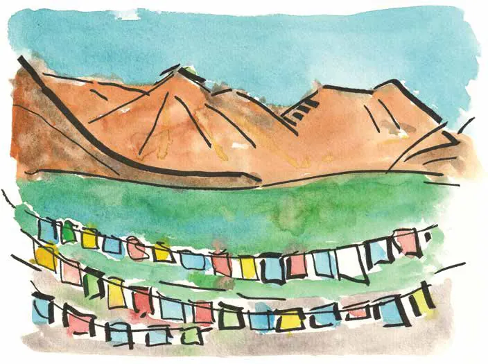 Watercolour sketch of prayer flags below mountains