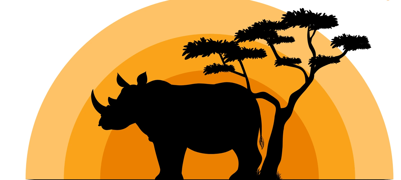 Illustration: a rhino silhouette beneath an acacia tree against a setting sun