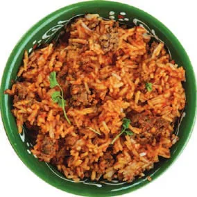 A plate of rice with meat