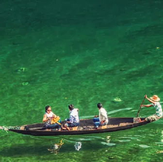 A boat on a crystal-clear river